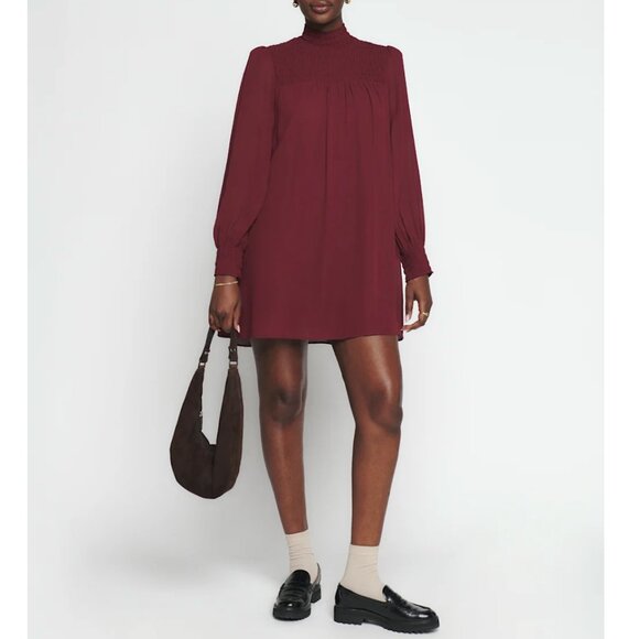 Reformation | Burgundy Brandi Smocked Long Sleeve Mini Dress | Size Small - Picture 4 of 15